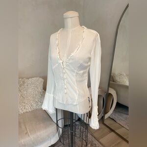 VINTAGE Y2K WHITE COTTON BUTTON DOWN BLOUSE FLARE SLEEVES SIZE SMALL